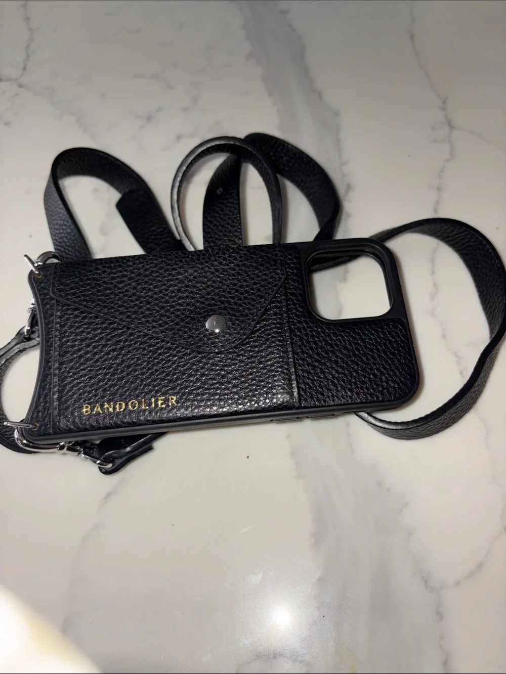 Bandolier Black Pebbled Leather Crossbody Phone Wallet